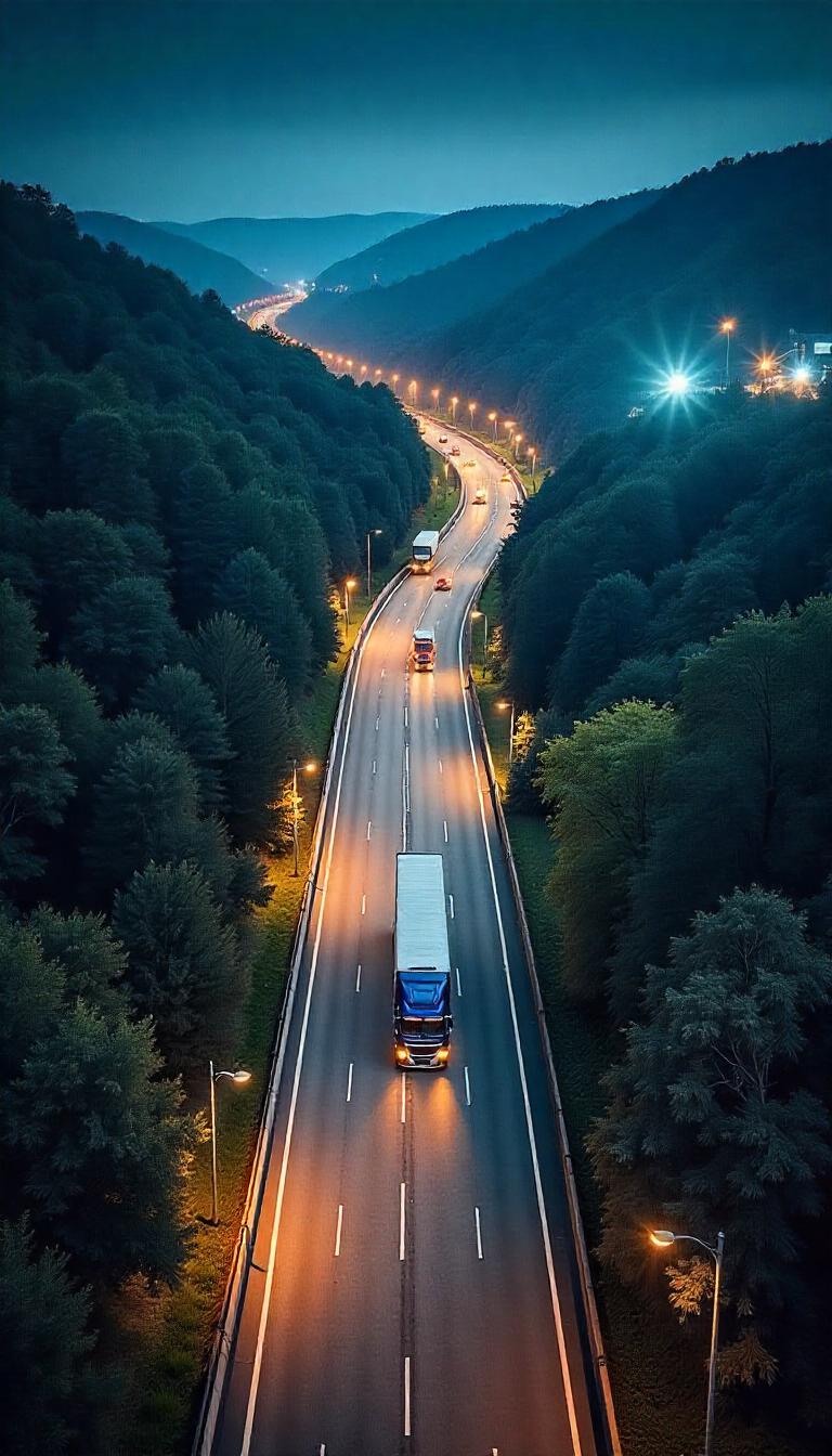 Vue aérienne de poids lourds sur une route